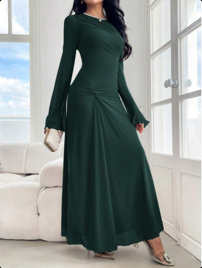 Flared Sleeves Tight Waist Pinch Pleated Slim Fit Solid Color Dress