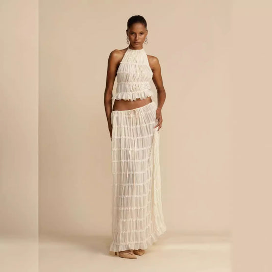 Summer Backless Halter Strap Drawstring Chiffon Dresses