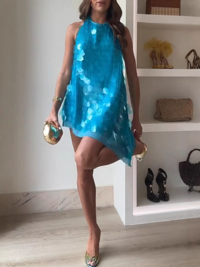 Women's Pure Color Sequins Sling Beveled Swing Dresses