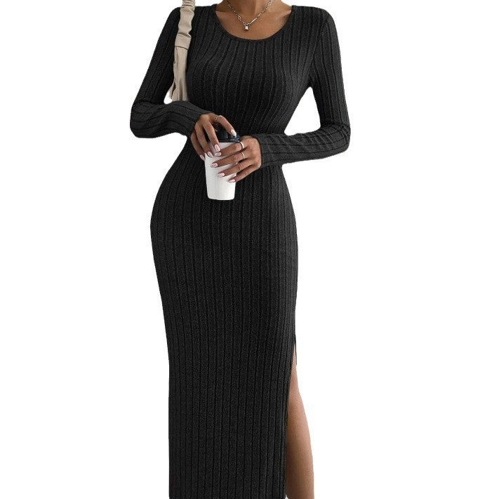 Women's Sunken Stripe Brushed Pure Color Split Dress