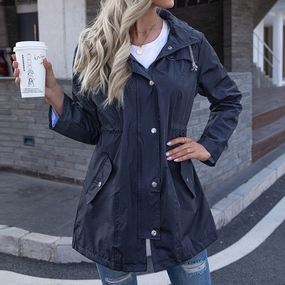 Women's Hooded Zipper Raincoat Winter Mid-length Coats