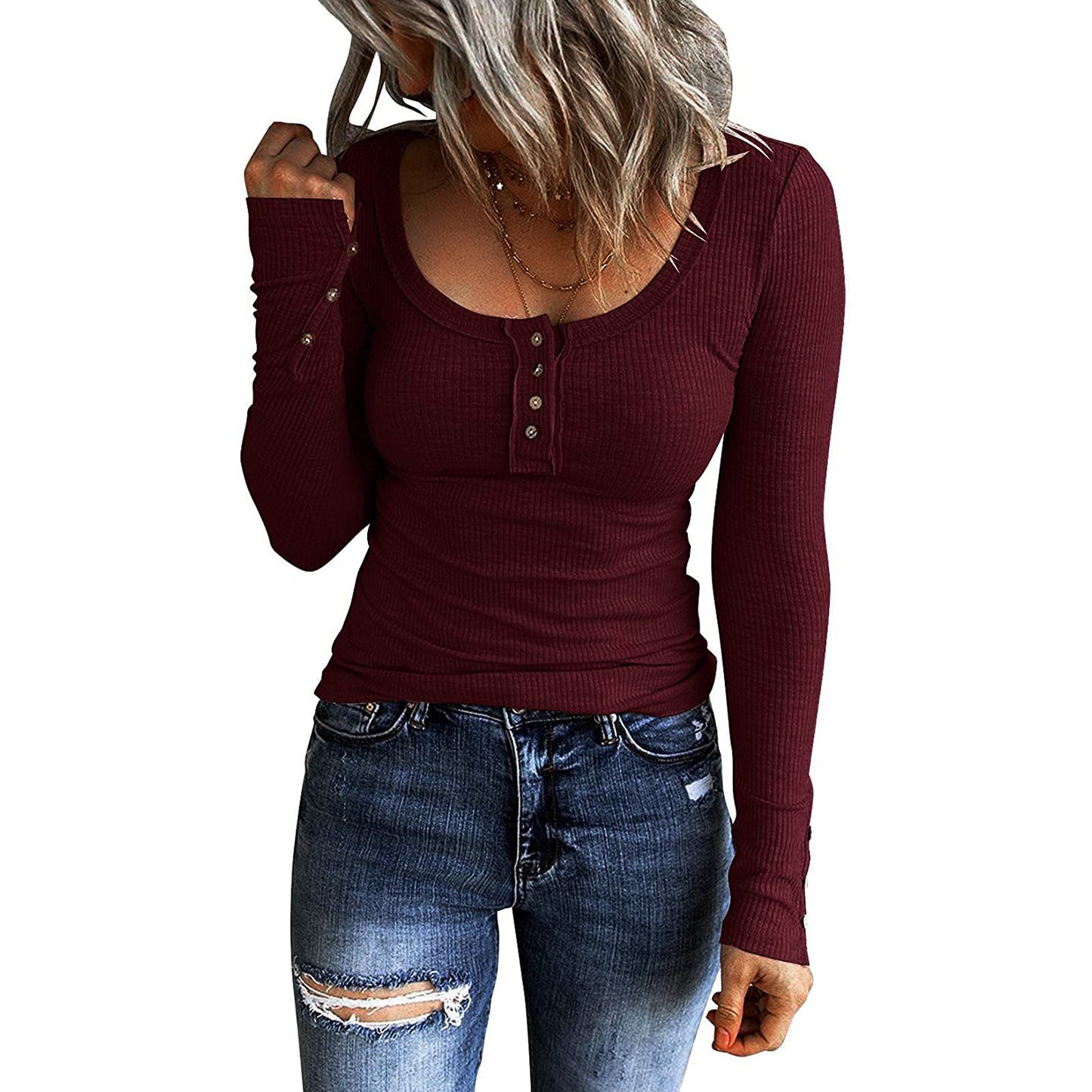 Women's Autumn Button Color Long Sleeve T-shirt Blouses