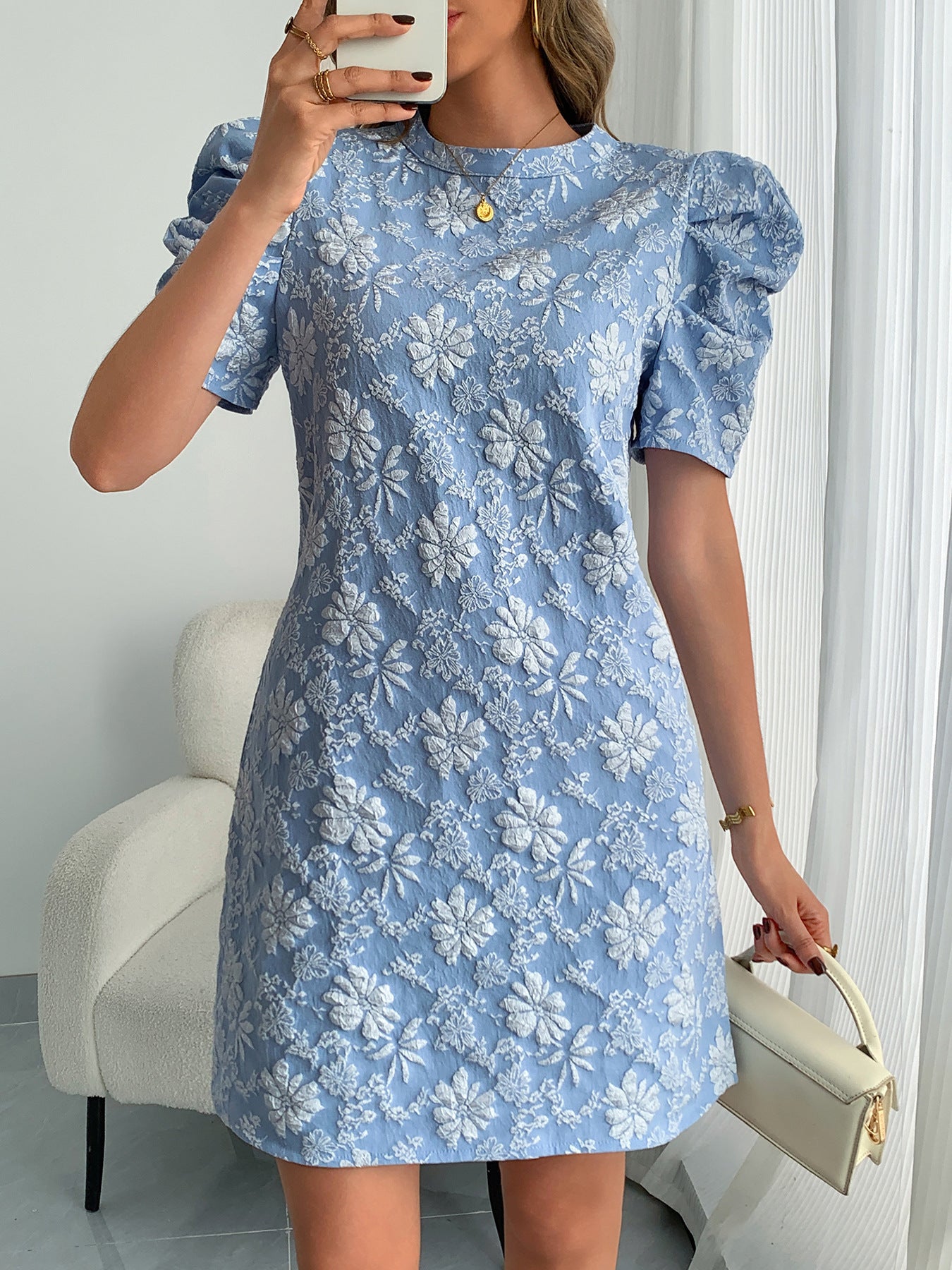 Women's Summer Bubble Sleeve Texture Jacquard Round Neck Dress