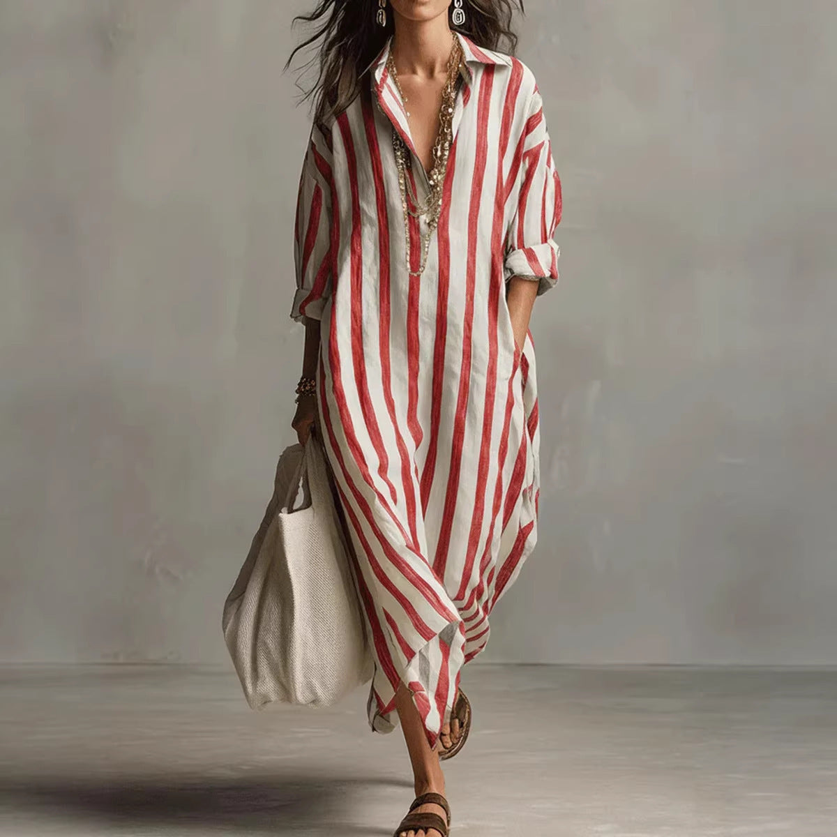 Women's Fashionable Loose Long Striped Summer Ninth Dress