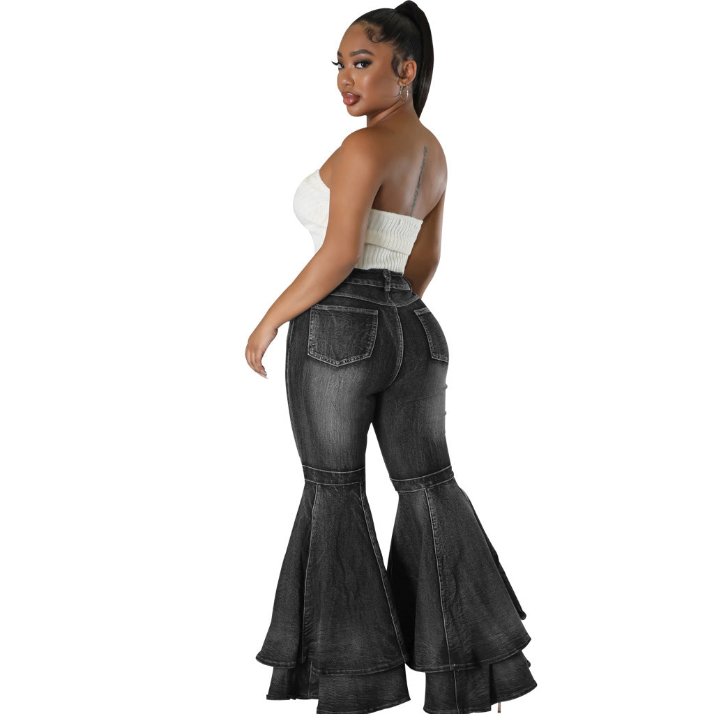 Casual Fashionable Washed Denim Stretch Flared Jeans