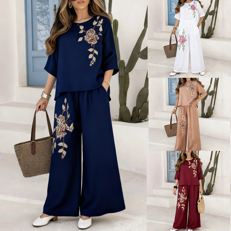 Women's Cotton Linen Vintage Embroidery Summer Two-piece Pants