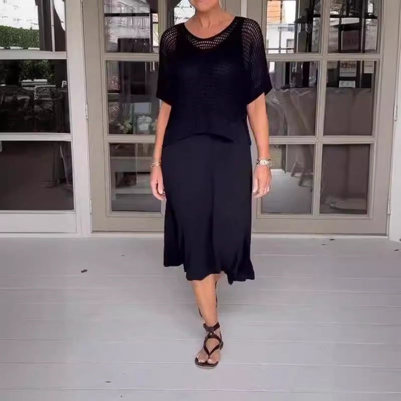 Chic Knitted Empty Dress Casual Solid Color Suits