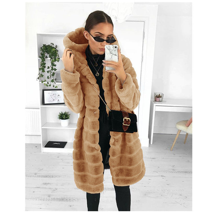 Women's Solid Color Plush Hooded Mid-length For Coats
