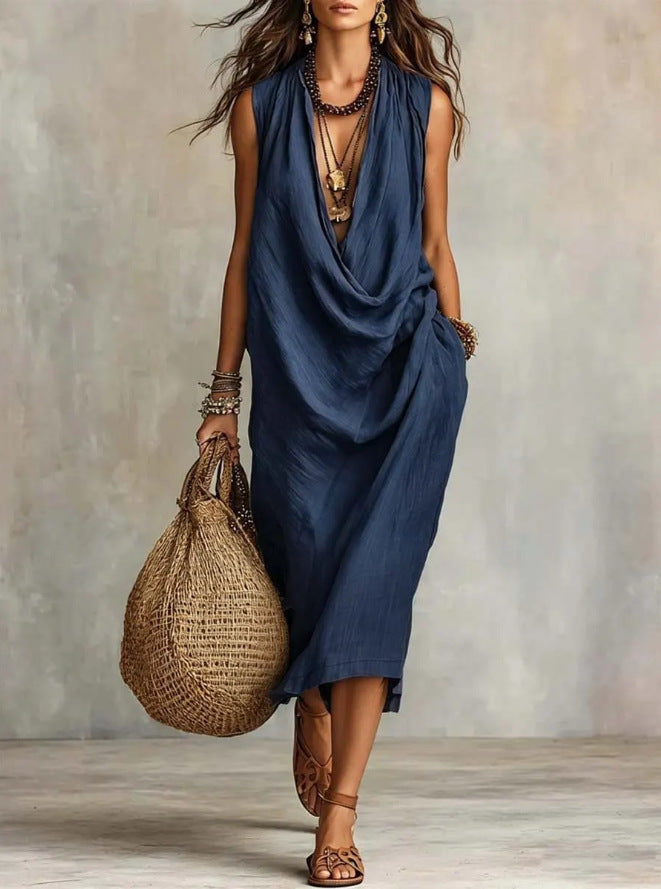 Women's Casual Sleeve Loose Swing Collar Cotton Dress
