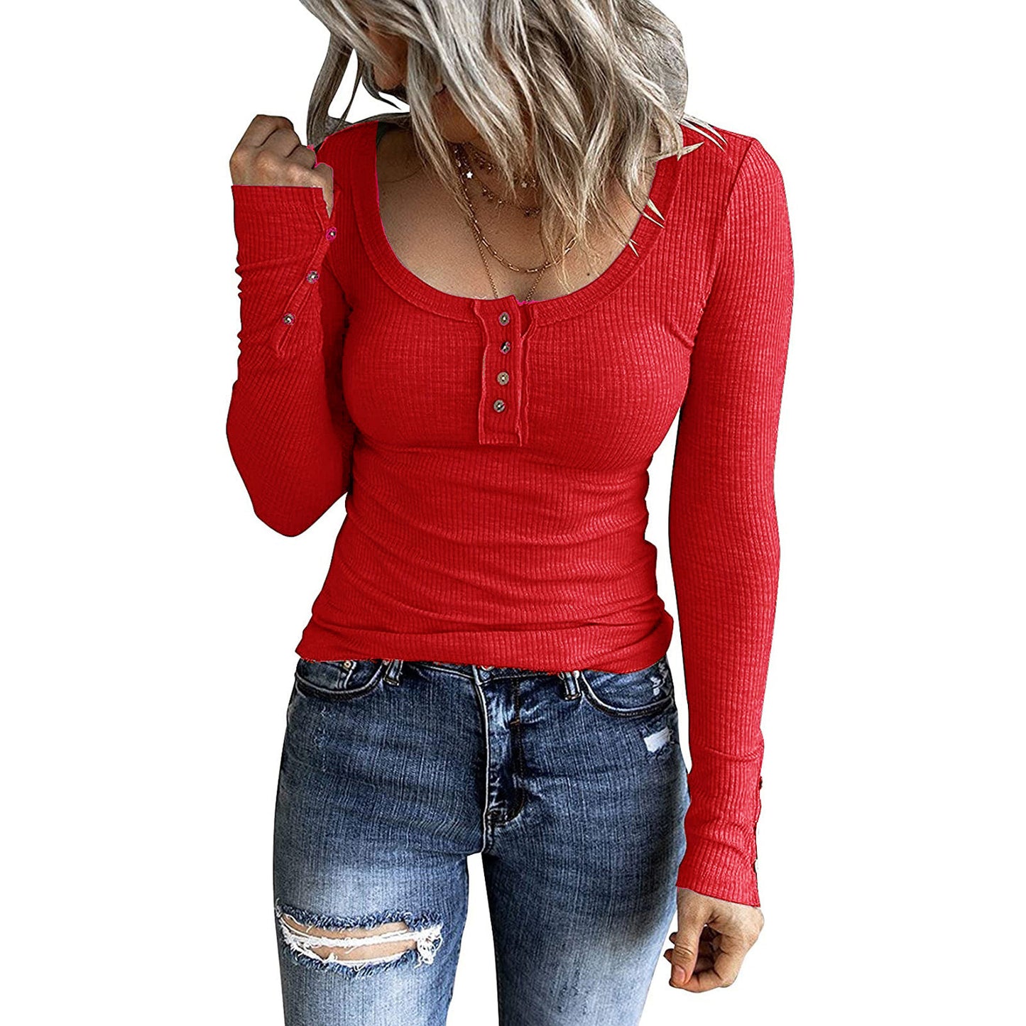 Women's Autumn Button Color Long Sleeve T-shirt Blouses