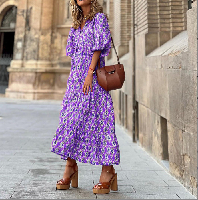 Women's Autumn Geometric Print Puff Sleeve Dress Dresses