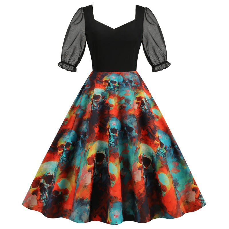 Mesh Stitching Half Sleeve Sexy Retro Printed Large Dress