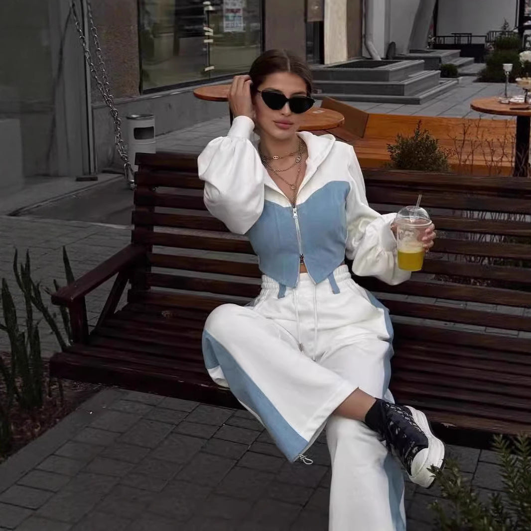 Women's Denim Stitching Hooded High Waist Trousers Fashion Casual Suit