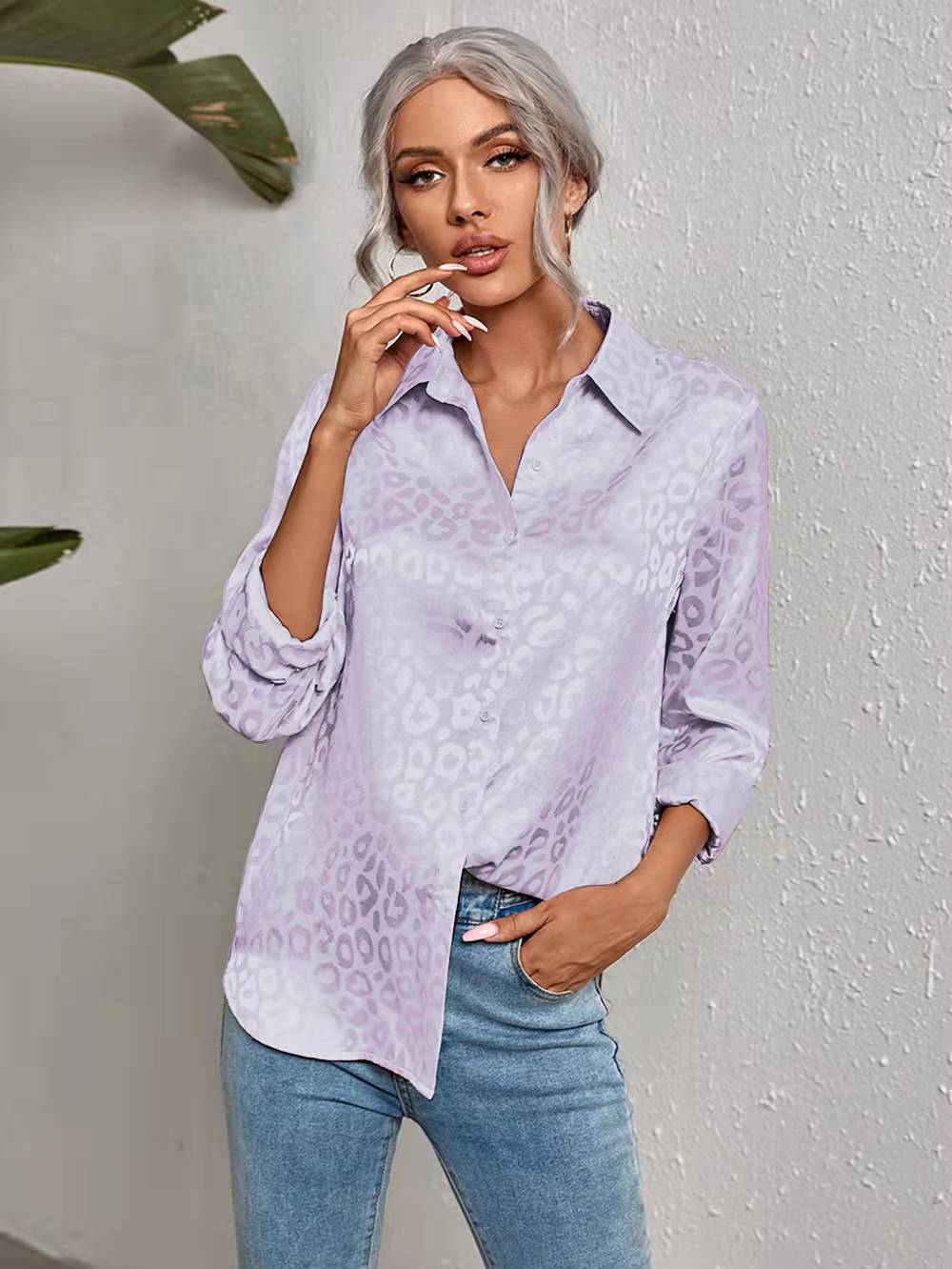Women's Lapel Open Button Leopard Jacquard Shirt Temperament Blouses