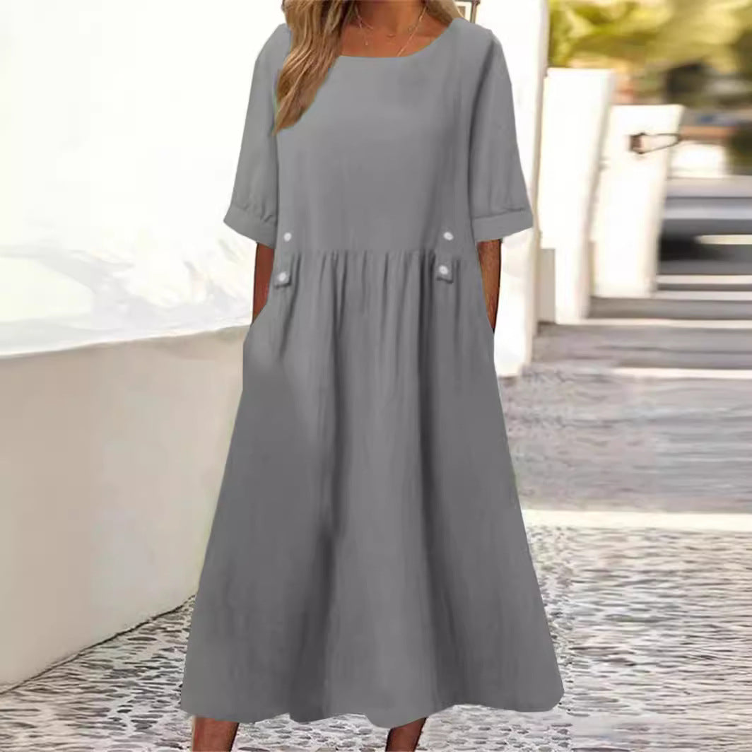 Cotton Linen Dress Round Neck Loose Dresses