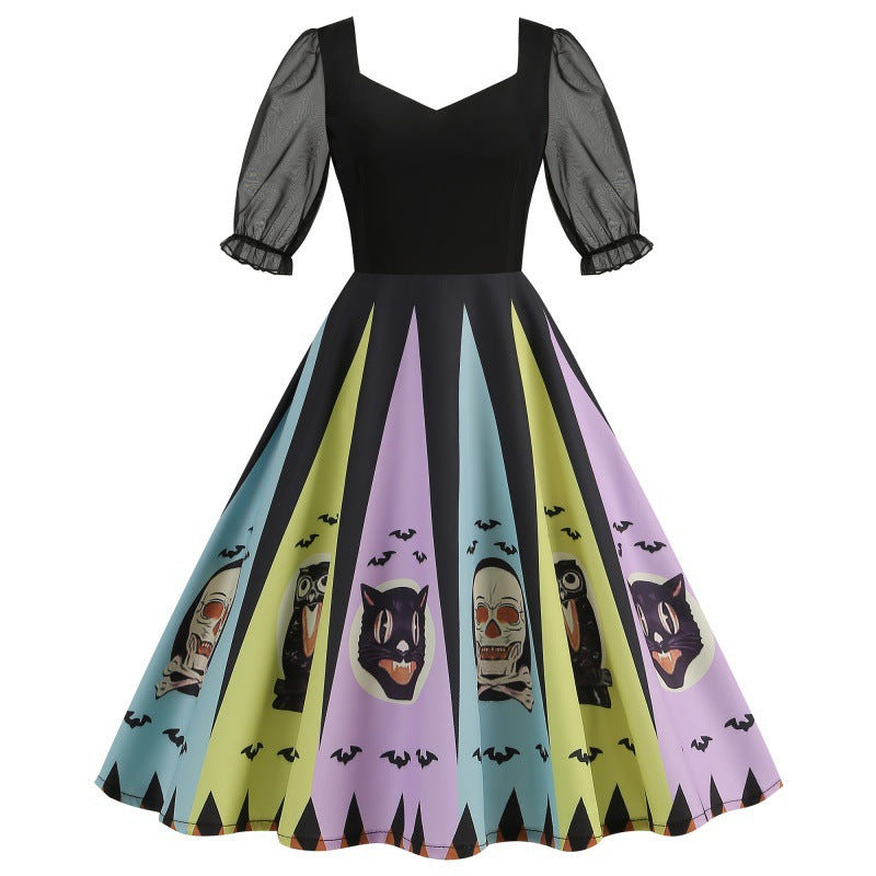 Mesh Stitching Half Sleeve Sexy Retro Printed Large Dress