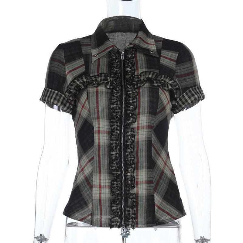 Women's Dark Plaid Shirt Hot Style Zipper Blouses