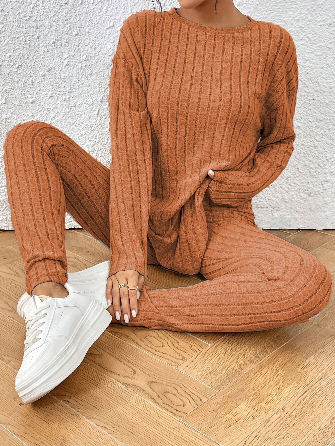Women's Style Loose Round Neck Sunken Stripe Suits