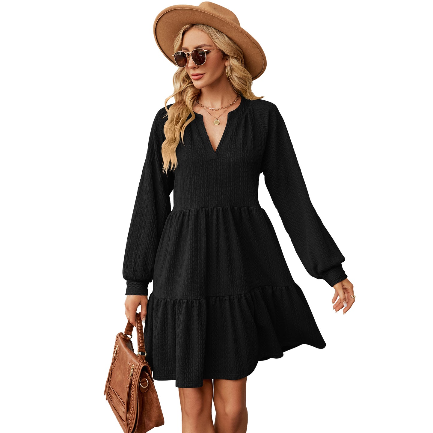 Solid Color Loose Pleated Stitching Long Dress