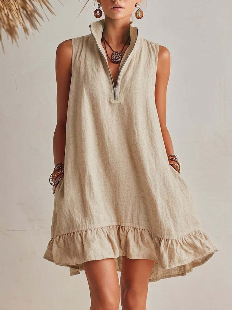 Women's Casual Loose Lotus Leaf Half Zip Dress
