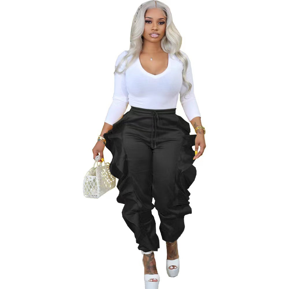 Women's Color Stitching Wooden Ear Tassel High Pants