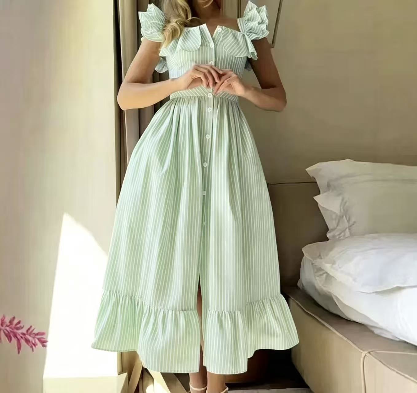 Flying Sleeves Striped Ruffled Long Summer Casual Dress