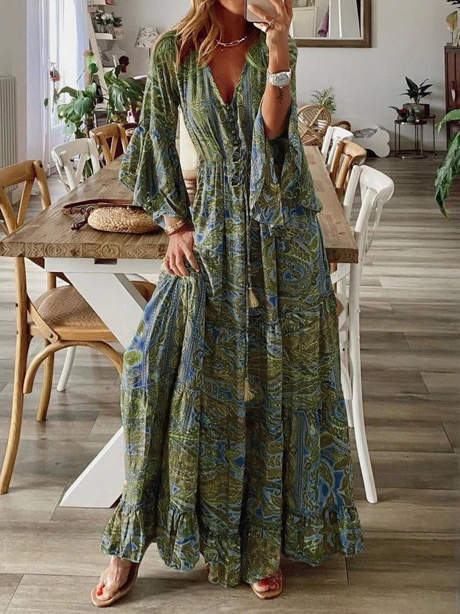 Bohemian Flare Sleeve Printed High Waist Holiday Dress