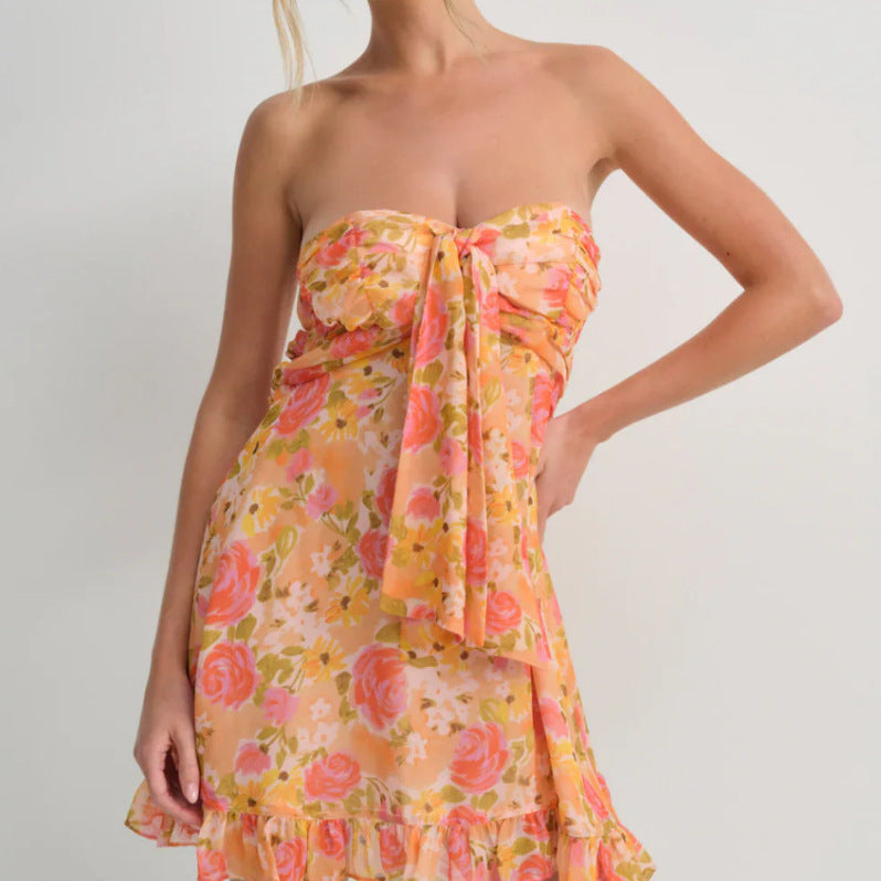 Sexy French Style Printed Translucent Floral Strapless A- Dress