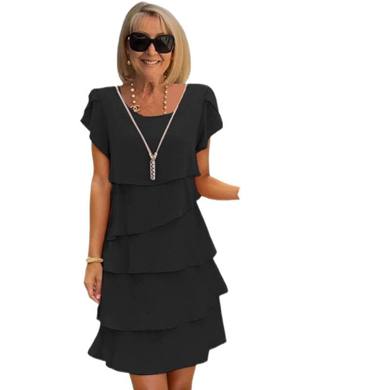 Women's Sleeve Cake Solid Color Round Neck Dress