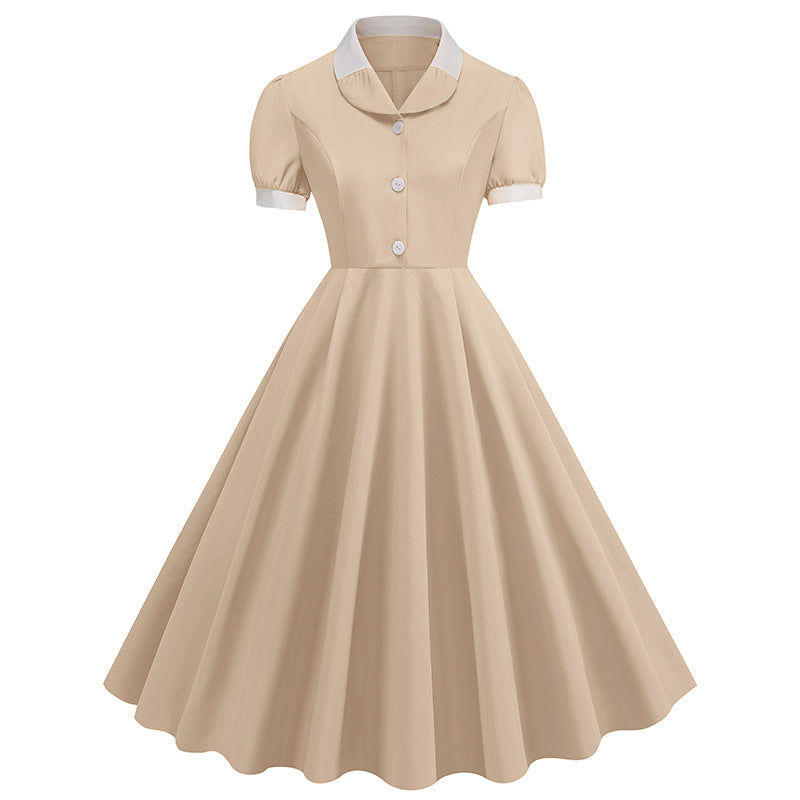 Patchwork Waist Trimming Short-sleeved Retro Hepburn Dresses