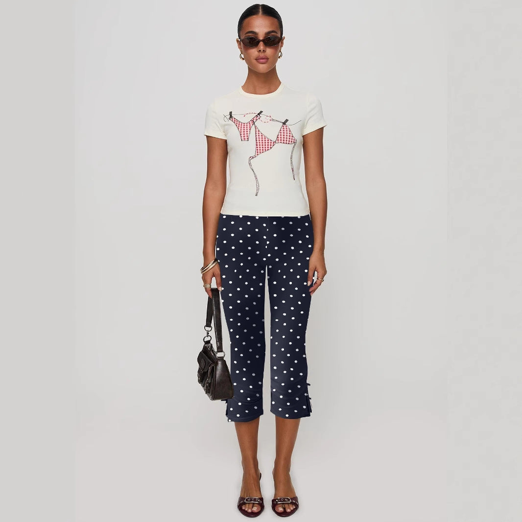 Women's Casual Bow Cropped Elastic Waist Temperament Pants