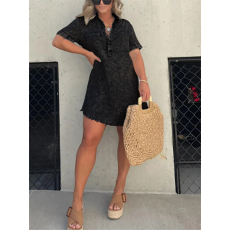 Summer Shirt Collar Denim Tassel Hem Dresses