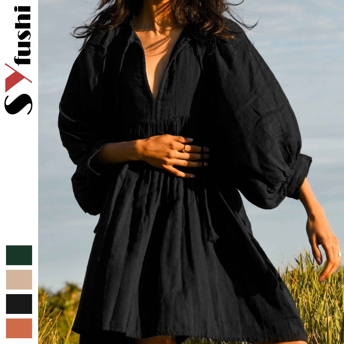 Women's Solid Color Loose Lantern Sleeve Casual Temperament Dress