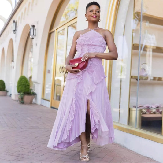 Pleated Ruffled Halter Backless A- Hem Chiffon Dresses