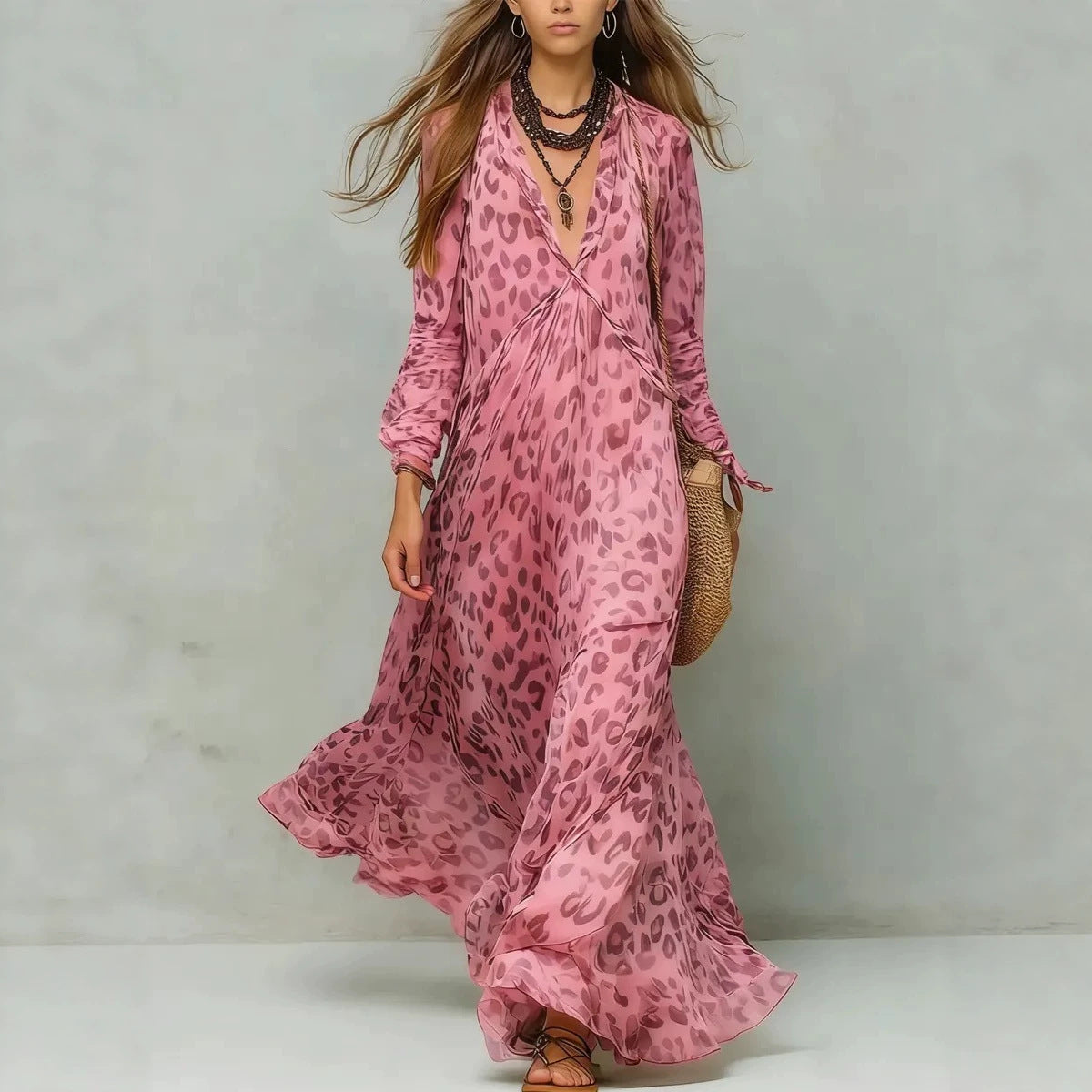 Women's Leopard Print Chiffon Long Sleeve Deep Dress