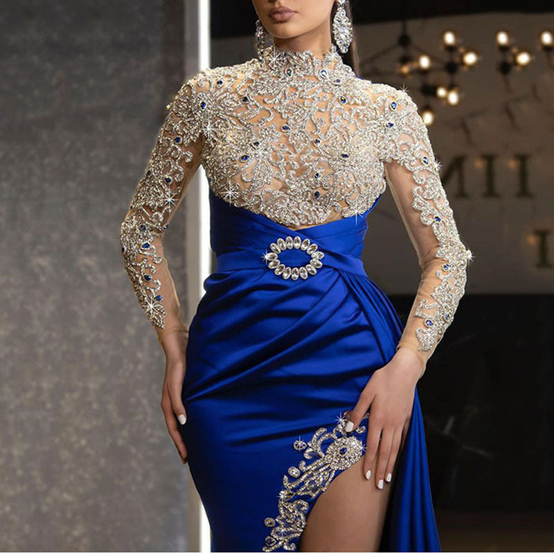 Women's Blue Gold Split Stitching Neck Dress