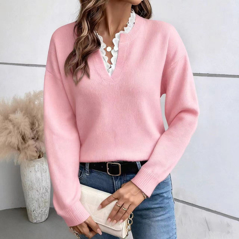 Women's Fashionable Lace Solid Color Loose Long Sweaters