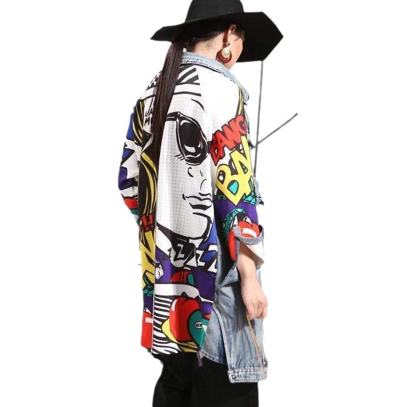Women's Denim Trench Fashionable Image Drawing Creative Coats