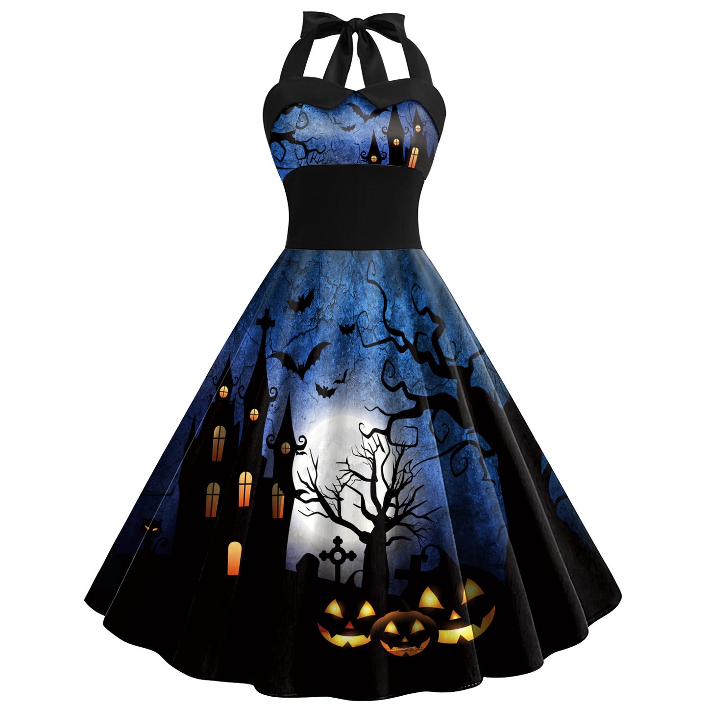 Women's Skull Cobweb Printed Tied Shoulder Strap High-waisted Dress
