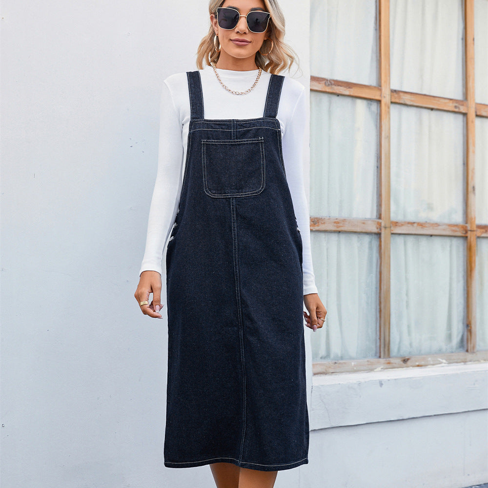 Charming Personalized Washed Denim Brace Midi Dress