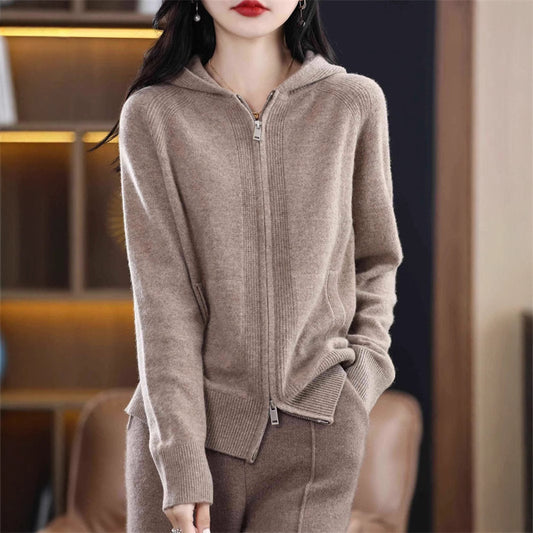 Women's Elegant Double Zipper Hooded Solid Color Sweater
