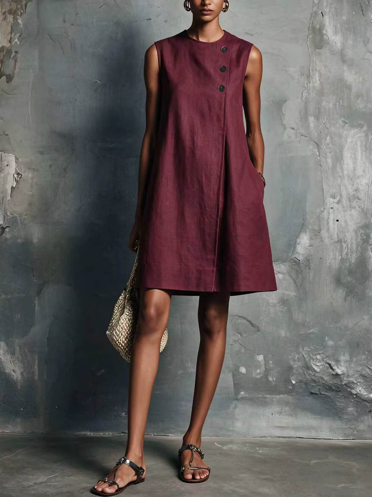 Women's Blended Round Neck Asymmetric Button Side Dress