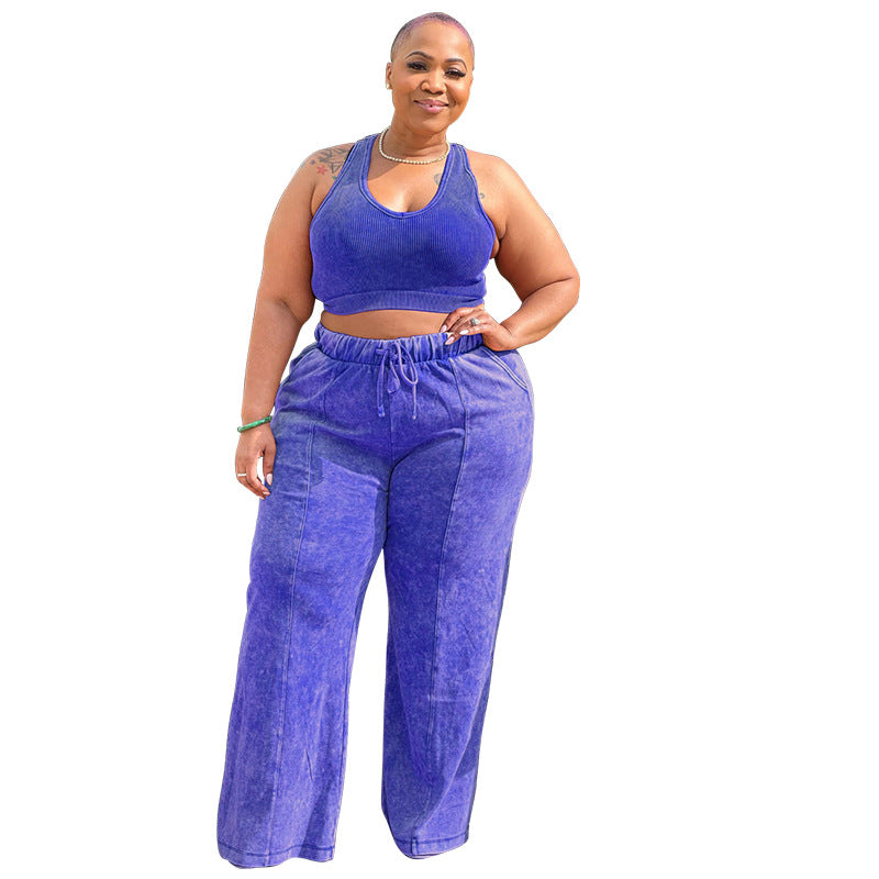 Women's Sleeveless Midriff Outfit Elastic Waist Wide Suits