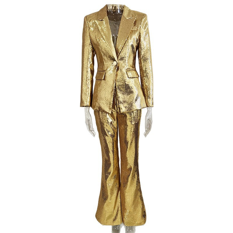 Fashionable Golden Sequined Trousers Two-piece Set Fashion Casual Suit