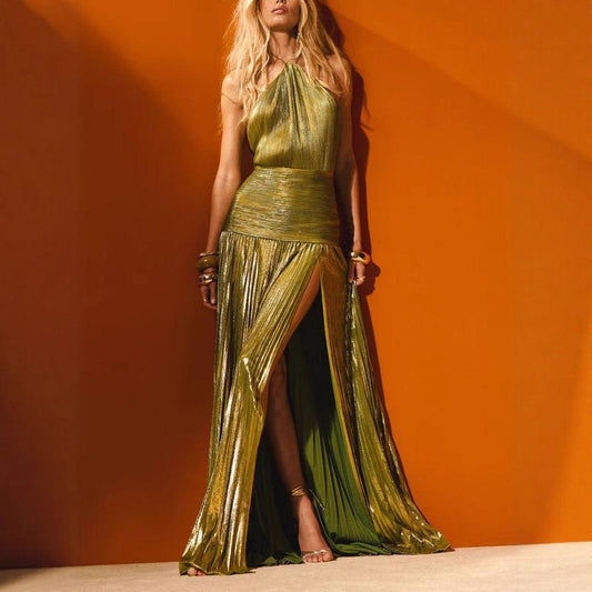 Women's Sleeveless Backless Metallic Pleated Split Halter Dresses