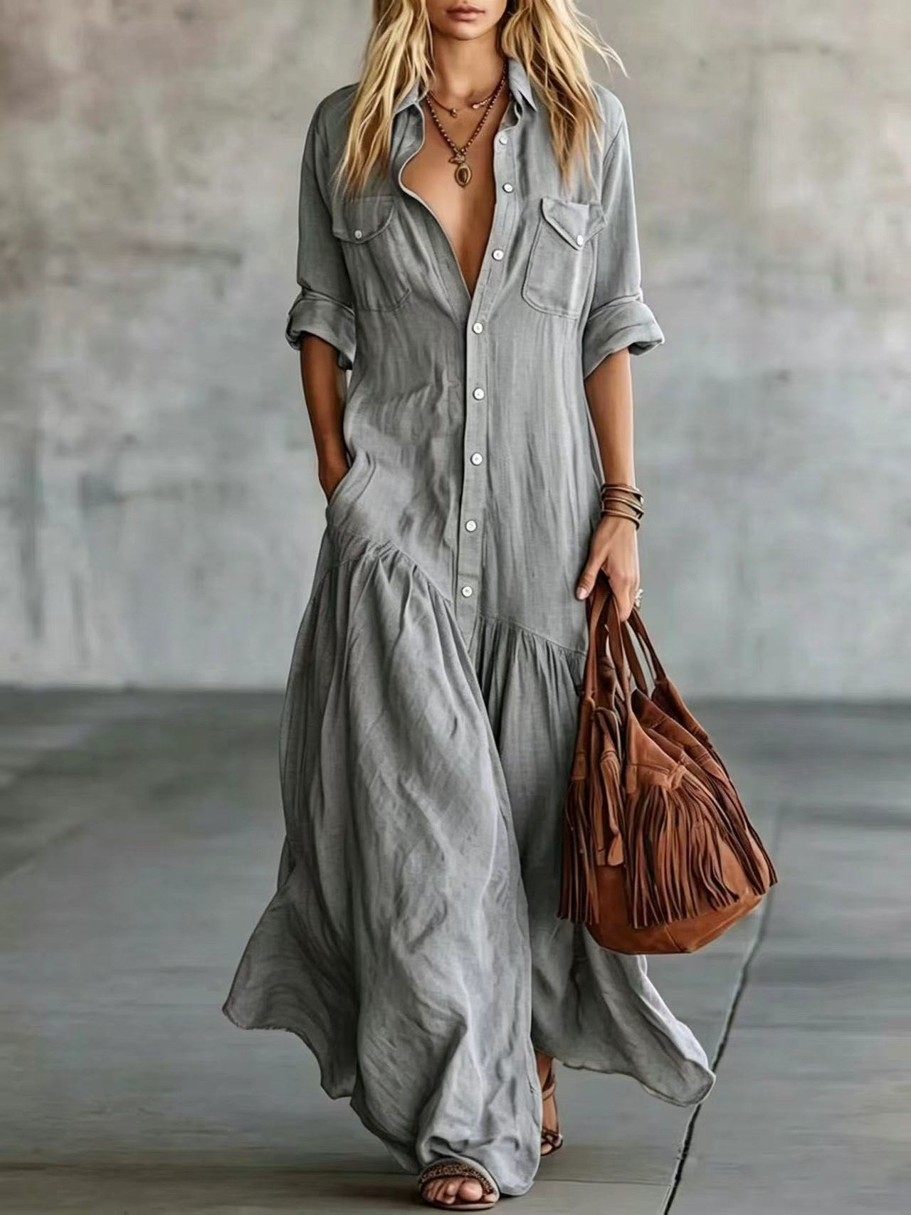 Women's Breasted Sleeve Casual Vacation Style Solid Color Dress