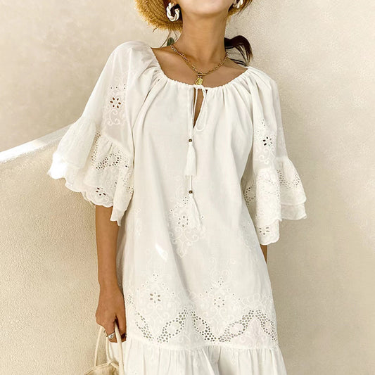 Cotton Loose Waist White Lace Commuter Pullover Dresses