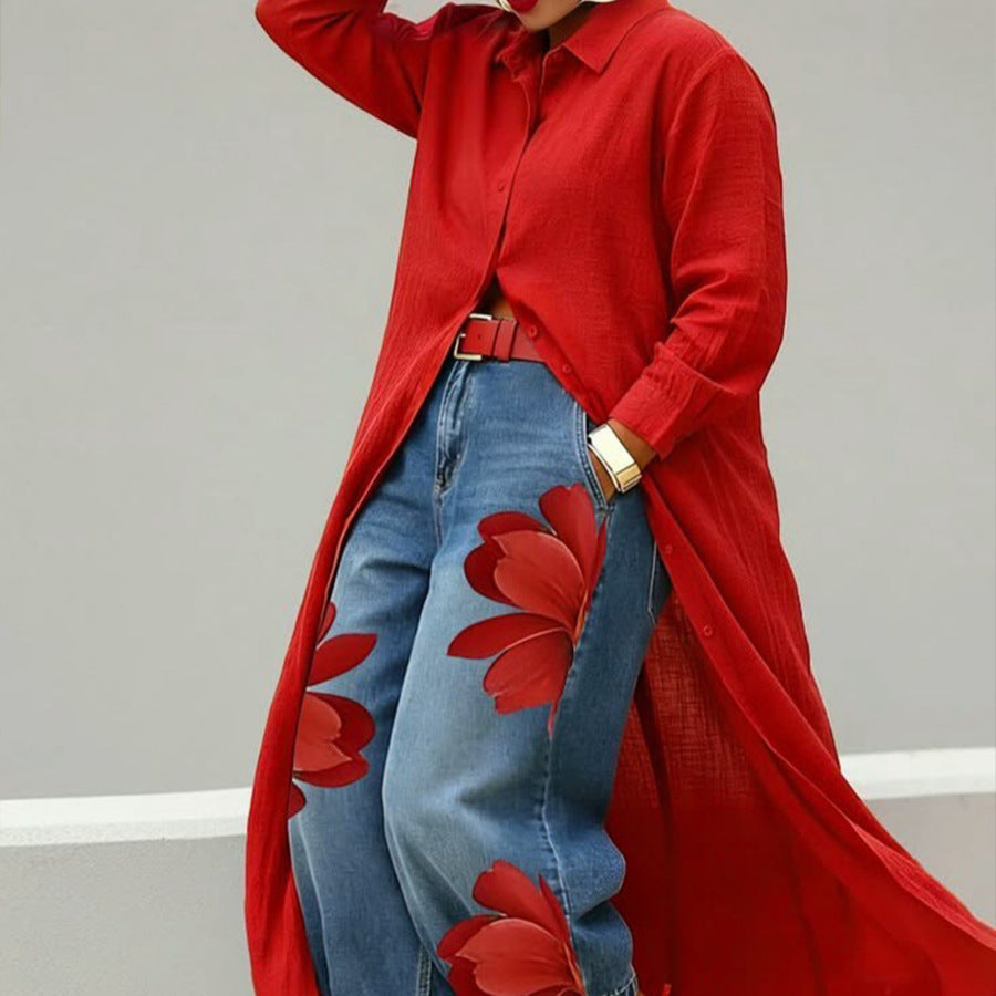 Summer Solid Color Loose Shirt Long Dress