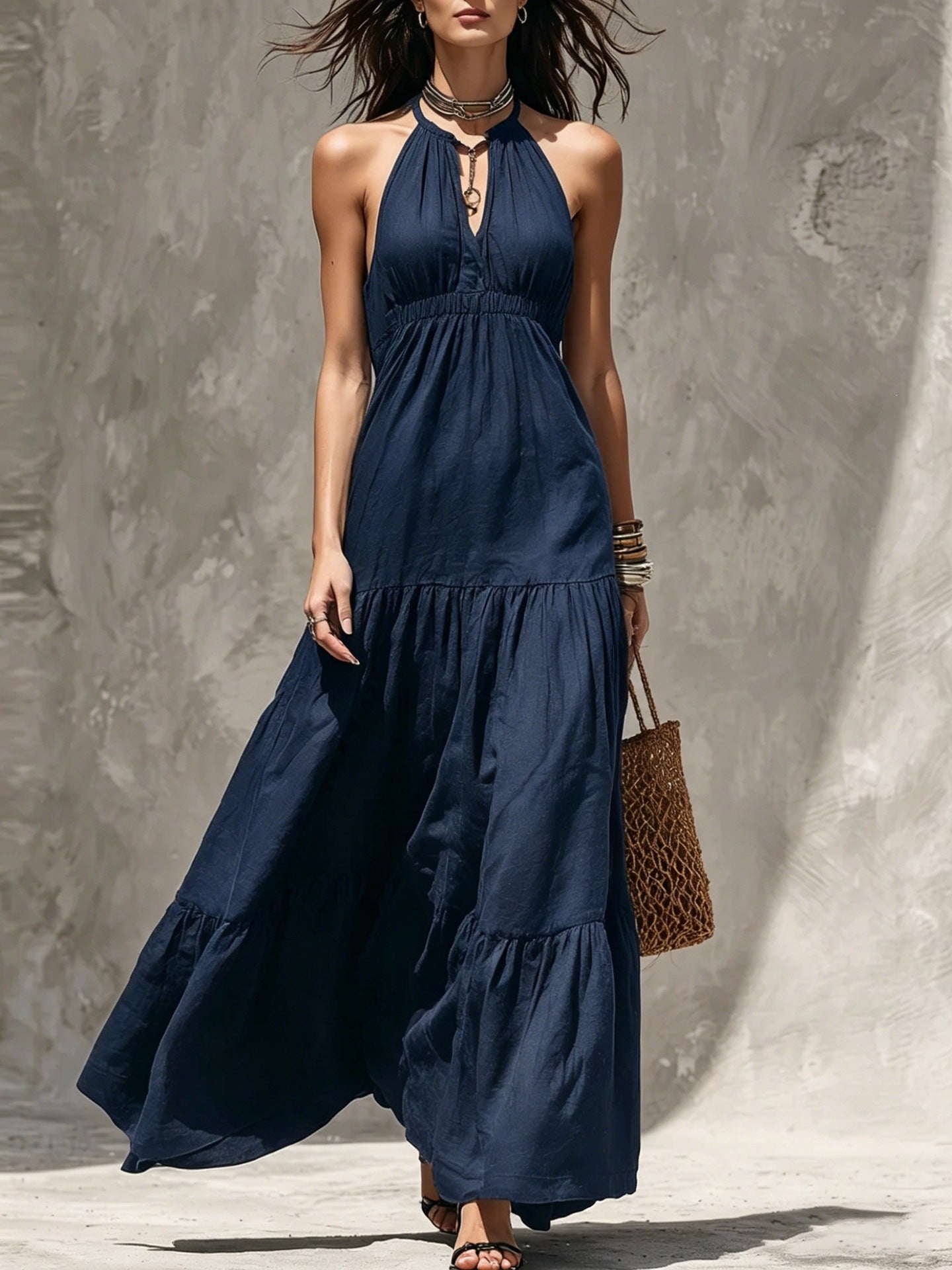 Women's High Waist Stitching Cotton Linen Holiday Dress