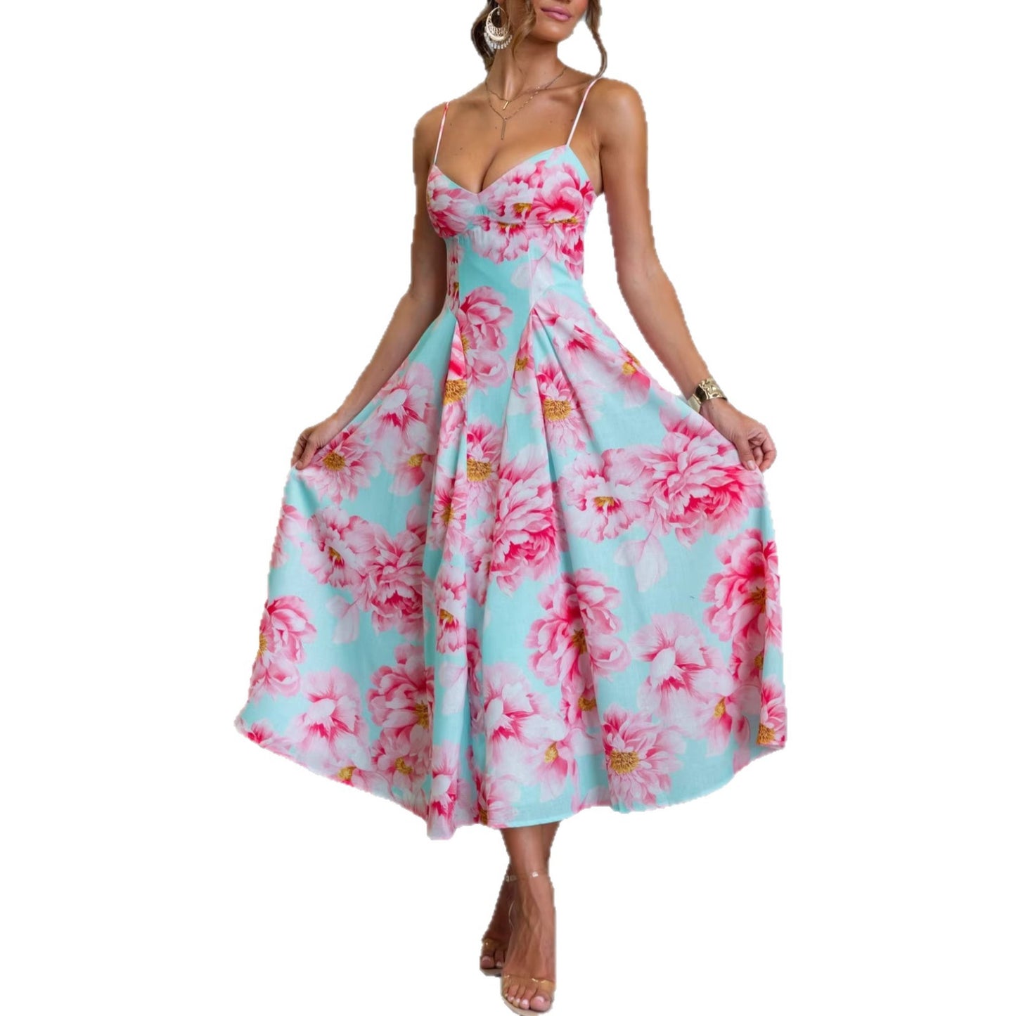 Women's Summer Flower Printed Large Swing Strap Beach Dress